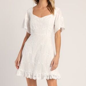 Lulu’s Morning in Mallorca White Cotton Eyelet Short Sleeve Mini Dress